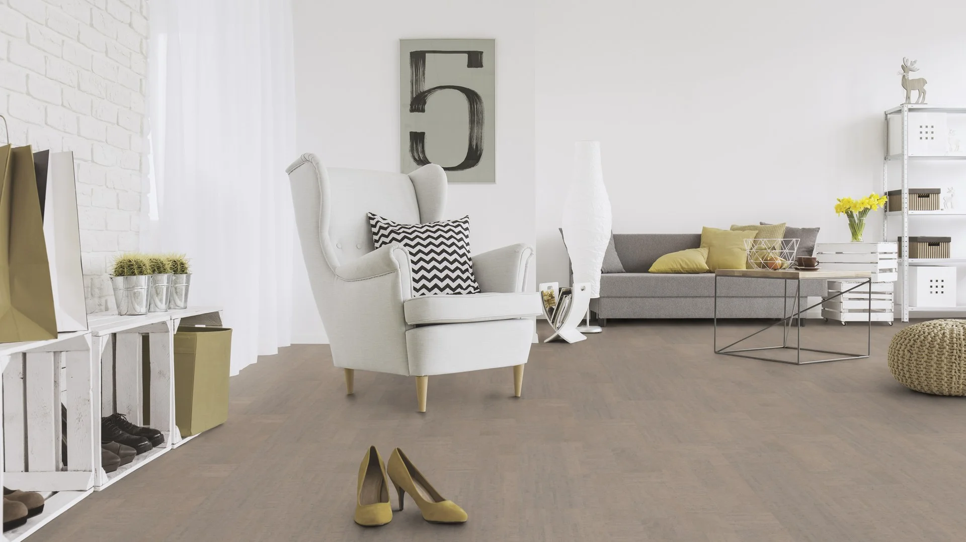 Замковый пробковый пол Wicanders Cork Essence Fashionable Cement C85L001 в интерьере