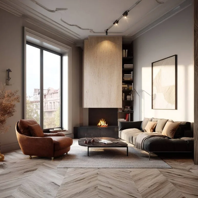 Напольное покрытие елочкой в гостиной